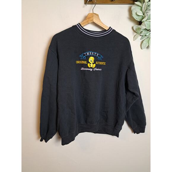 Vintage 2000 Looney Tunes Tweety Bird Black Crewneck Embroidered Sz M - Picture 1 of 7